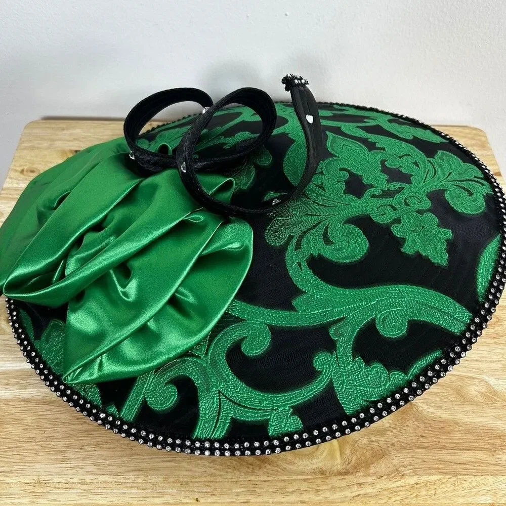 Church Derby Hat Green Black Damask Wide Brim Rhinestone Trim Satin Bow